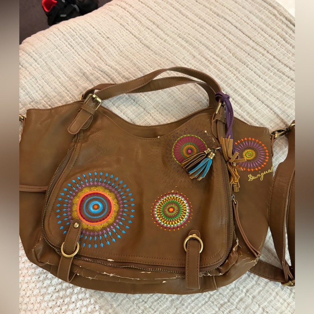 Desigual Brown Leather Shoulder Bag with Colorful Embroidered Medallions